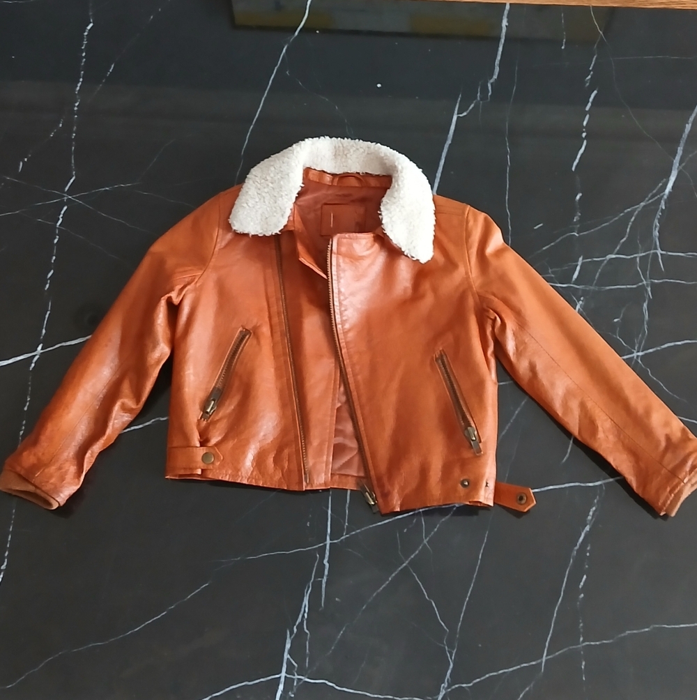 Boy's Brown Leather Jacket with Shearling Collar.